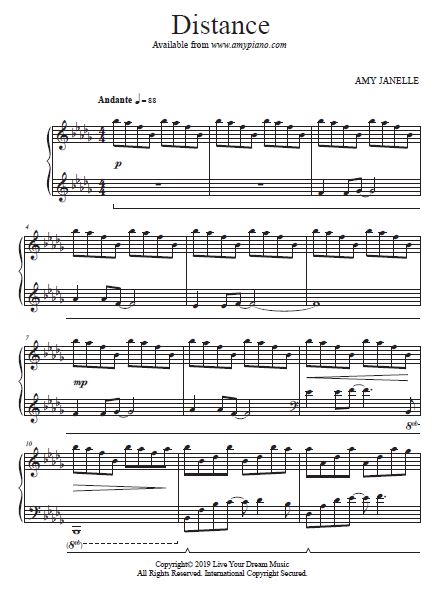 Distance Sheet Music PDF + MP3 Download - Amy Janelle - Solo Piano Artist